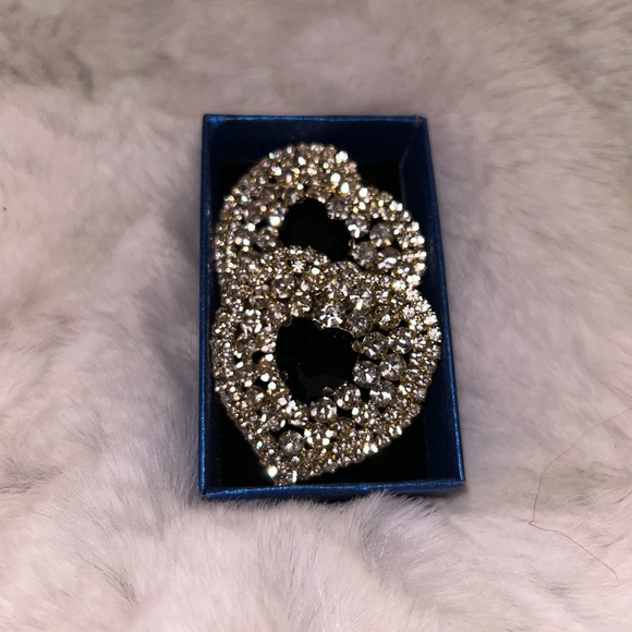 Gold Rhinestone Heart Earrings with Black Center • Statement Glam Earrings - Picture 2 of 3
